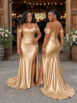 ChicSew Off Shoulder Side Slit Ruching Mermaid Soft Satin Bridesmaid Dresses With Boning