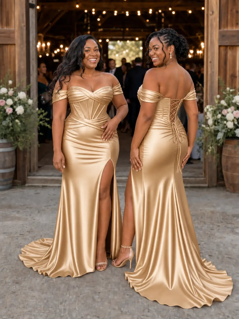 ChicSew Off Shoulder Side Slit Ruching Mermaid Soft Satin Bridesmaid Dresses With Boning