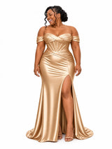 ChicSew Off Shoulder Side Slit Ruching Mermaid Soft Satin Bridesmaid Dresses With Boning