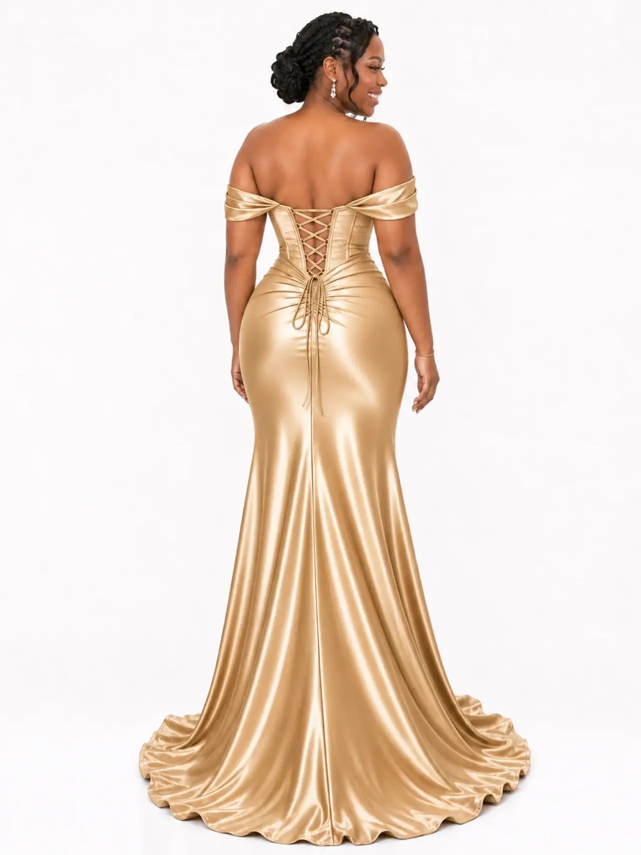 ChicSew Off Shoulder Side Slit Ruching Mermaid Soft Satin Bridesmaid Dresses With Boning