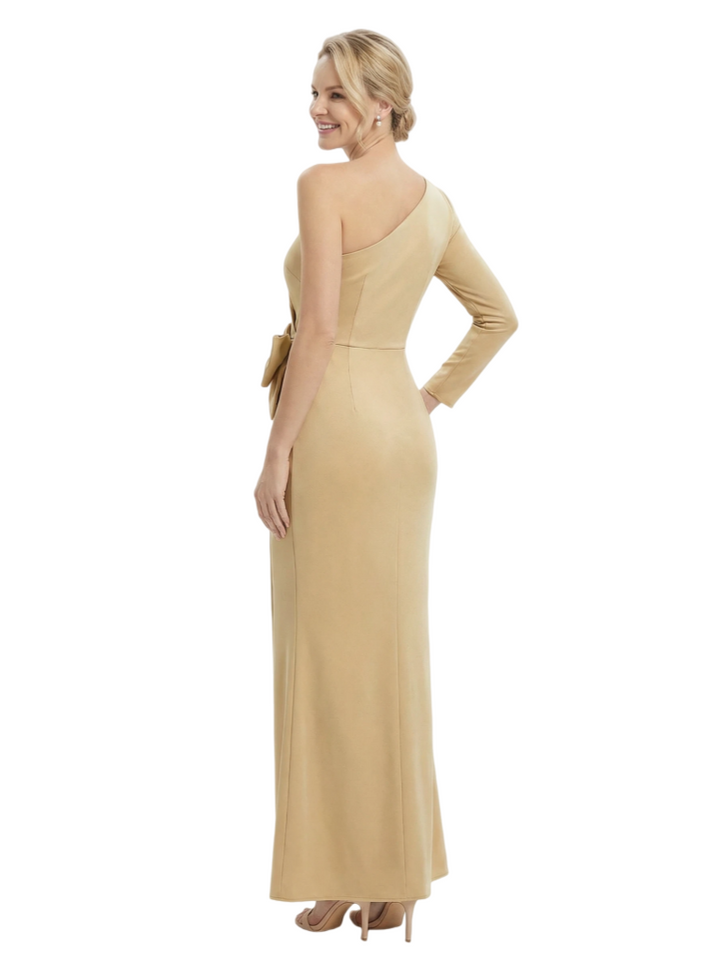 Chicsew Elegant Mother of The Groom Dress One Shoulder Long Sleeve Bow Accent Fitted Floor Length Satin Fabric Draped Detail Unique Classy Formal Wedding Event Gown