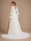 ChicSew Fancy V-Neck Chiffon Pleated Long Sleeves A-Line Floor-Length Wedding Dress With Side Slit