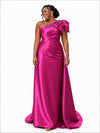 ChicSew One Shoulder Ruching Bow Knot Lace Appliques Soft Satin Mermaid Bridesmaid Dresses