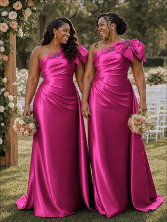 ChicSew One Shoulder Ruching Bow Knot Lace Appliques Soft Satin Mermaid Bridesmaid Dresses