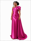 ChicSew One Shoulder Ruching Bow Knot Lace Appliques Soft Satin Mermaid Bridesmaid Dresses