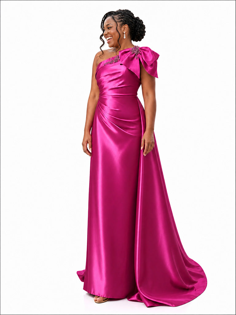 ChicSew One Shoulder Ruching Bow Knot Lace Appliques Soft Satin Mermaid Bridesmaid Dresses