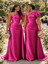 ChicSew One Shoulder Ruching Bow Knot Lace Appliques Soft Satin Mermaid Bridesmaid Dresses