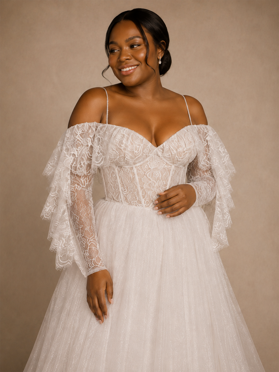 ChicSew Unique Spaghetti Straps Boning Lace Glitter Tulle Long A-Line Wedding Dress
