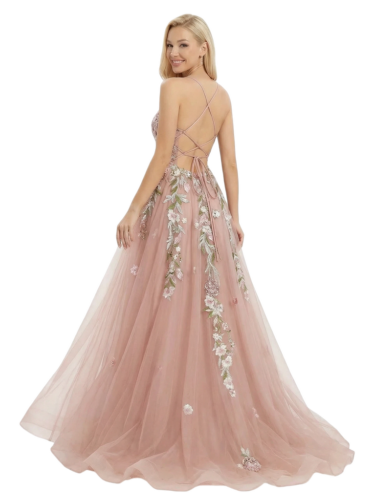 ChicSew Unique Floral Lace Tulle Prom Gown Lace Up Back A-Line Evening Dress