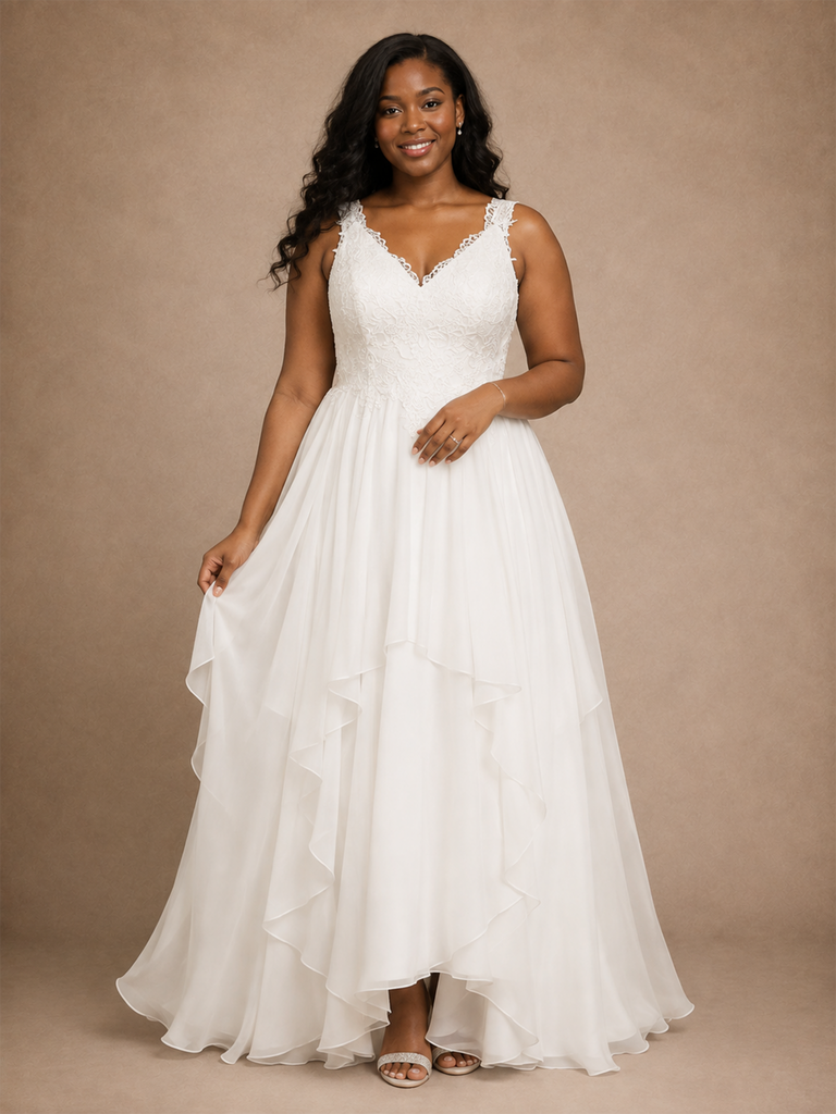 ChicSew Elegant V-Neck Chiffon Sleeveless Ruffled A-Line Maxi Wedding Dress With Applique