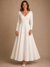 ChicSew Modern V-Neck Long Sleeves Beading Crepe A-Line Floor-Length Wedding Dress