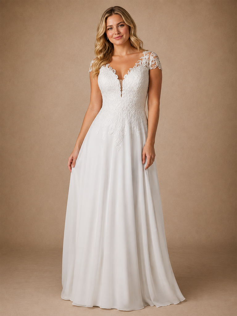 ChicSew Elegant V-Neck Short Sleeves Lace Chiffon A-Line Maxi Wedding Dress