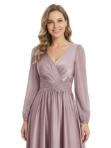 Chicsew Mother of The Groom Dresses V-Neck Long Sleeve Satin Maxi Gown Pretty Lace Detailed Formal Bridal Event Dress