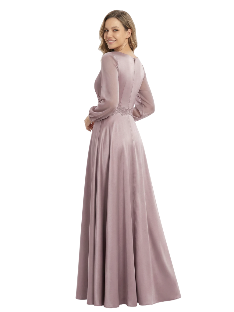 Chicsew Mother of The Groom Dresses V-Neck Long Sleeve Satin Maxi Gown Pretty Lace Detailed Formal Bridal Event Dress