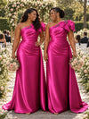ChicSew One Shoulder Ruching Bow Knot Lace Appliques Soft Satin Mermaid Bridesmaid Dresses