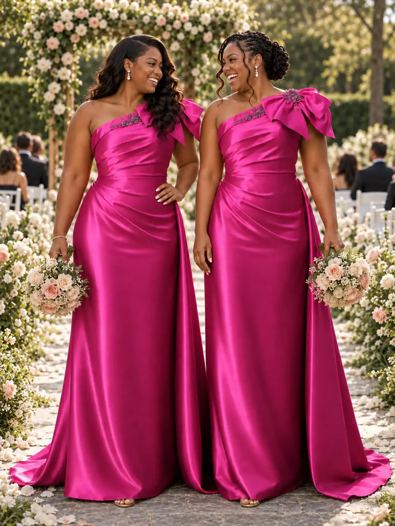 ChicSew One Shoulder Ruching Bow Knot Lace Appliques Soft Satin Mermaid Bridesmaid Dresses