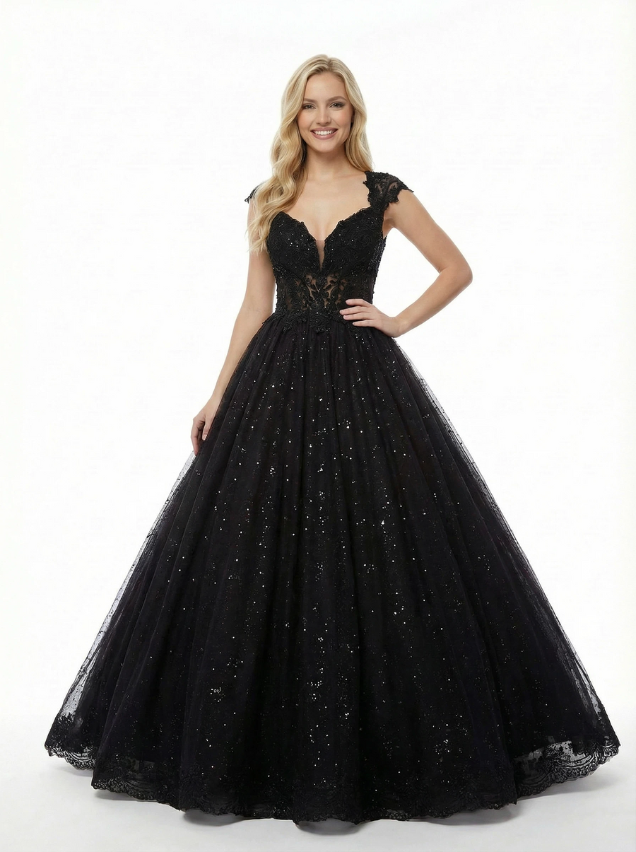 Glitter Cap Sleeve Lace A-Line Long Ball Gown Party Prom Dresses