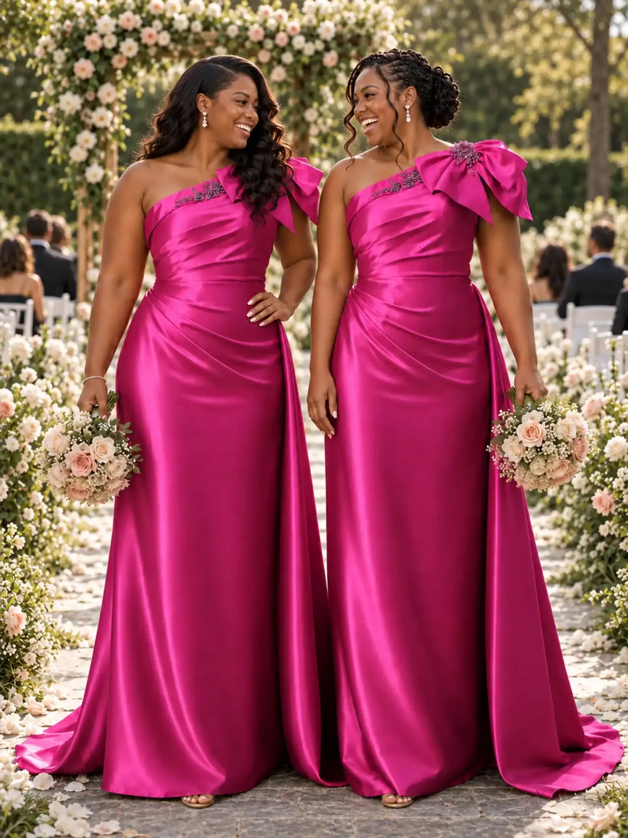 ChicSew One Shoulder Ruching Bow Knot Lace Appliques Soft Satin Mermaid Bridesmaid Dresses