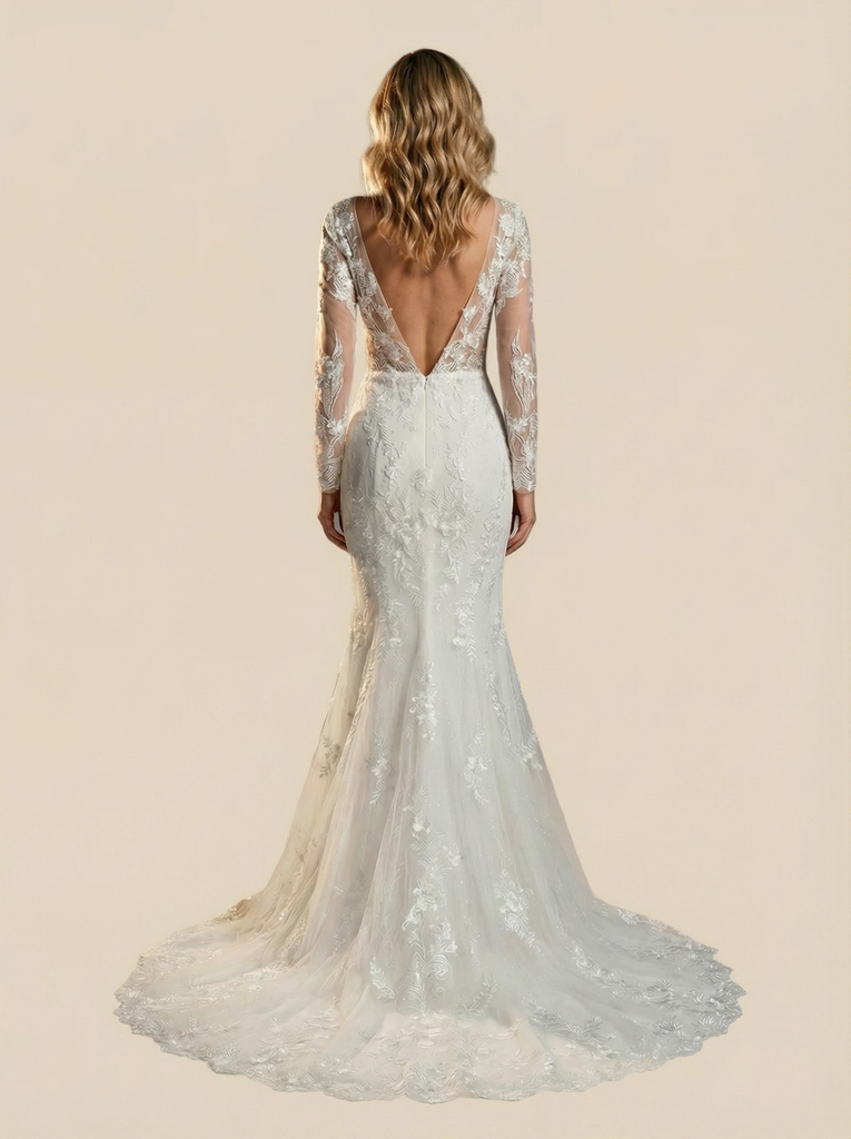 Mermaid Long Sleeves V-Neck Lace Maxi Long Wedding Dresses With Train
