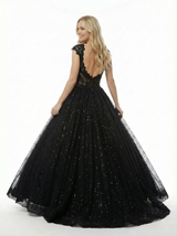 Glitter Cap Sleeve Lace A-Line Long Ball Gown Party Prom Dresses