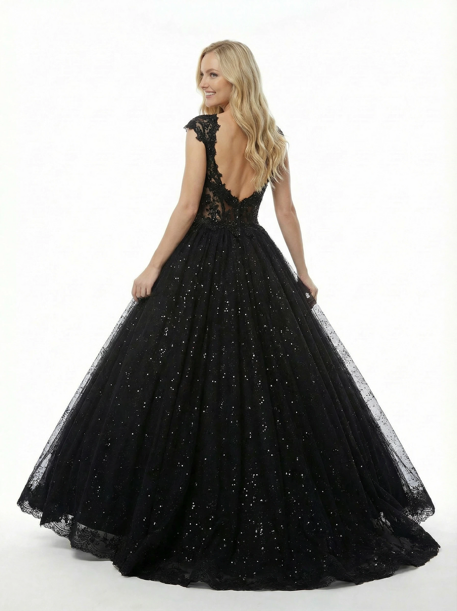 Glitter Cap Sleeve Lace A-Line Long Ball Gown Party Prom Dresses