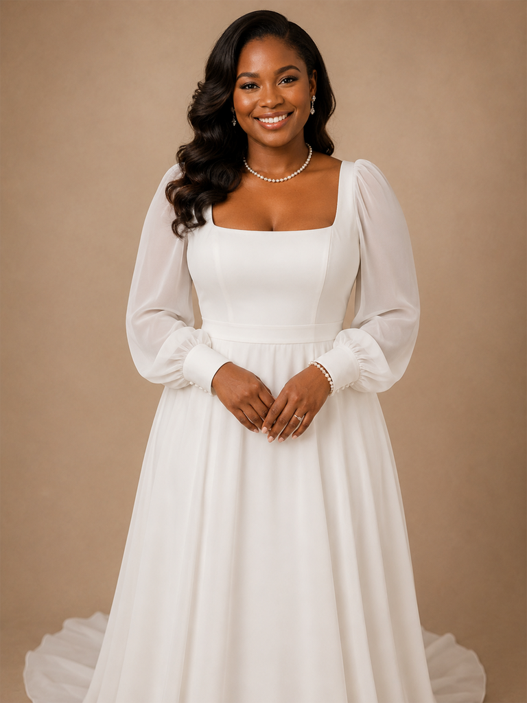 ChicSew Elegant Simple Square Neck Long Sleeves Chiffon A-Line Wedding Dress