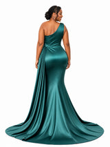 ChicSew One Shoulder Lace Appliques Ruching Mermaid Soft Satin Long Bridesmaid Dresses