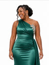 ChicSew One Shoulder Lace Appliques Ruching Mermaid Soft Satin Long Bridesmaid Dresses
