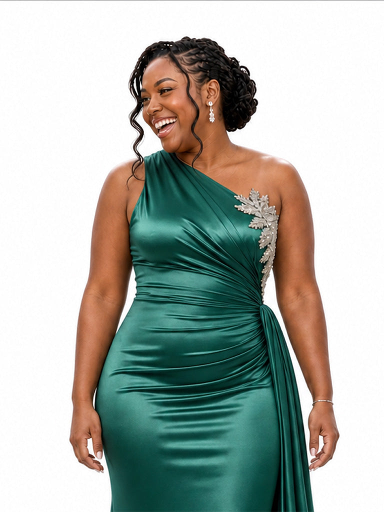 ChicSew One Shoulder Lace Appliques Ruching Mermaid Soft Satin Long Bridesmaid Dresses