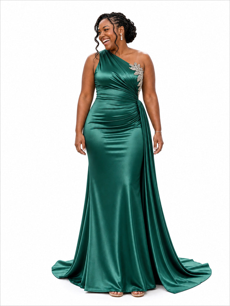 ChicSew One Shoulder Lace Appliques Ruching Mermaid Soft Satin Long Bridesmaid Dresses
