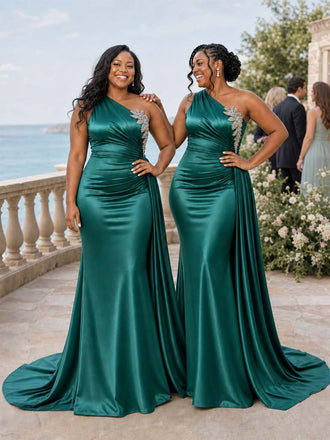 ChicSew One Shoulder Lace Appliques Ruching Mermaid Soft Satin Long Bridesmaid Dresses