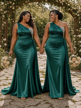 ChicSew One Shoulder Lace Appliques Ruching Mermaid Soft Satin Long Bridesmaid Dresses