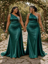 ChicSew One Shoulder Lace Appliques Ruching Mermaid Soft Satin Long Bridesmaid Dresses