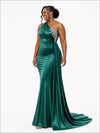 ChicSew One Shoulder Lace Appliques Ruching Mermaid Soft Satin Long Bridesmaid Dresses
