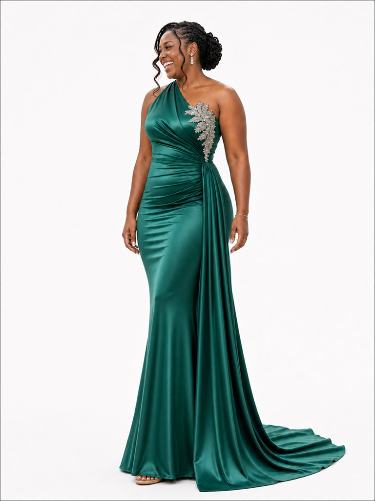ChicSew One Shoulder Lace Appliques Ruching Mermaid Soft Satin Long Bridesmaid Dresses