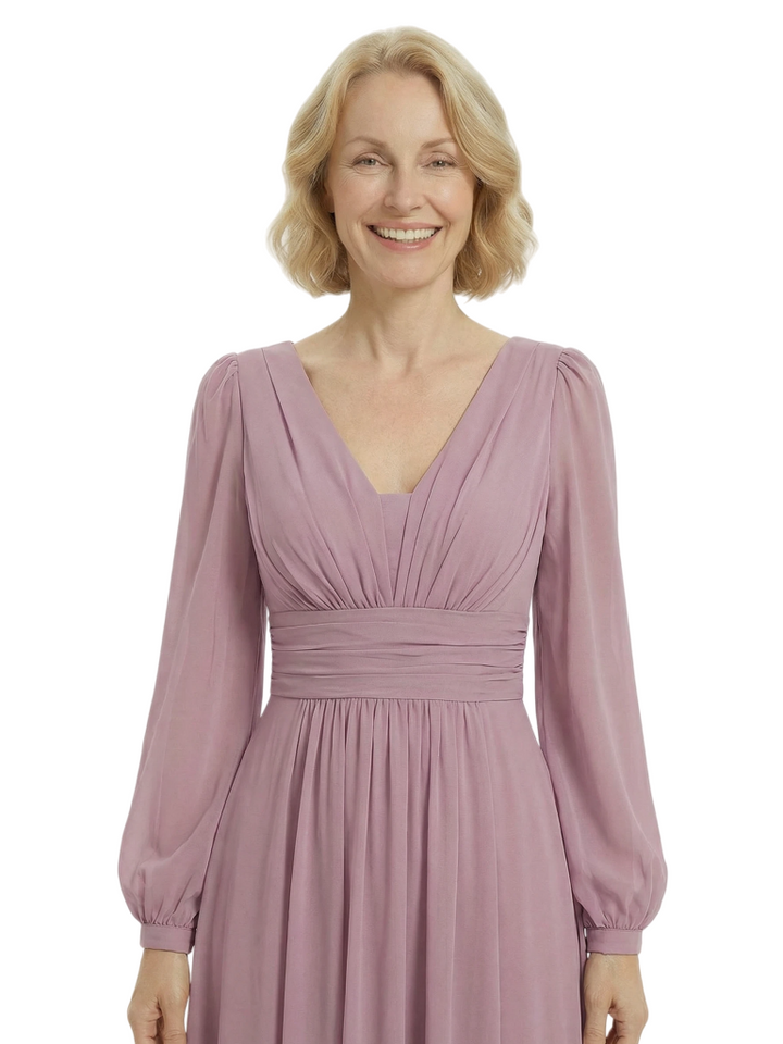 Chicsew Mother of The Bride Dresses V-Neck Long Sleeve Chiffon Maxi Gown Classy Ruched Formal Wedding Event Attire