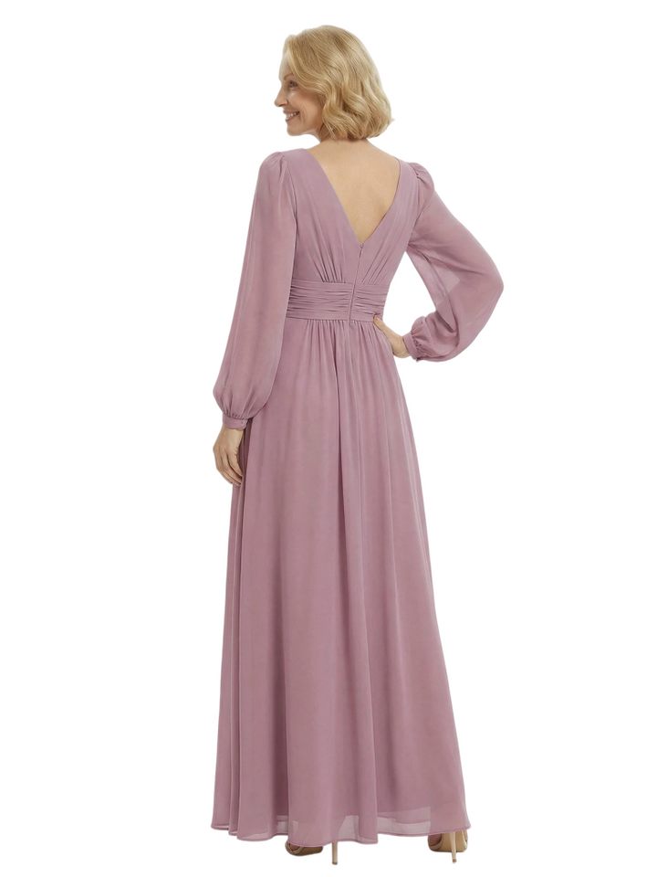 Chicsew Mother of The Bride Dresses V-Neck Long Sleeve Chiffon Maxi Gown Classy Ruched Formal Wedding Event Attire