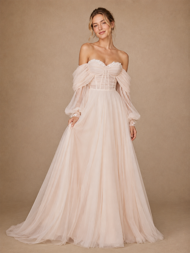 ChicSew Classy Sweetheart Boning 3/4 Sleeveless Tulle A-Line Maxi Long Wedding Dress