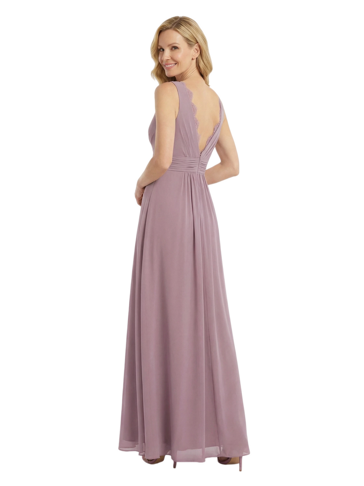 Chicsew Mother of The Bride Dresses V-Neck Sleeveless Chiffon Maxi Gown Elegant Lace Formal Wedding Event Attire