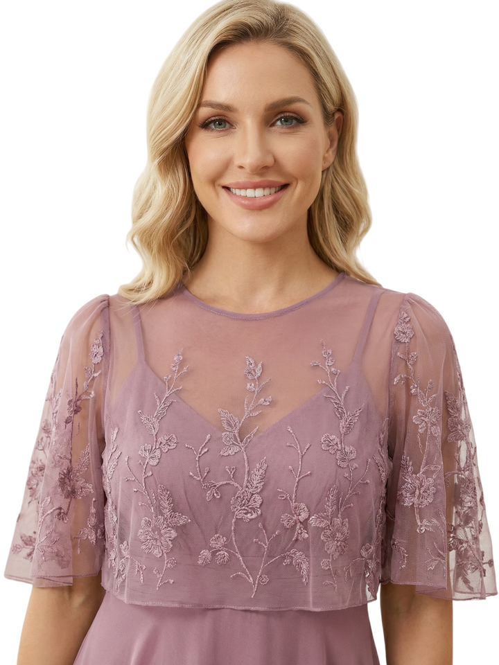 Chicsew Mother of The Groom Dresses Scoop Cape Sleeve Chiffon Maxi Gown Pretty Lace Applique Formal Bridal Event Dress
