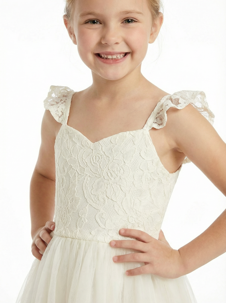 Lace Bodice Tulle Ball Gown Flower Girl Dress with Sweetheart Neckline and Flutter Sleeves