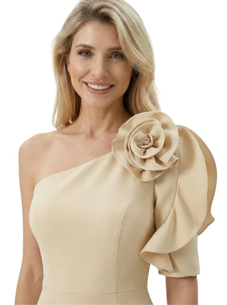 Chicsew Mother of The Groom Dress Unique One Shoulder Half Sleeve Crepe Sheath Midi Gown Flower Detail Modern