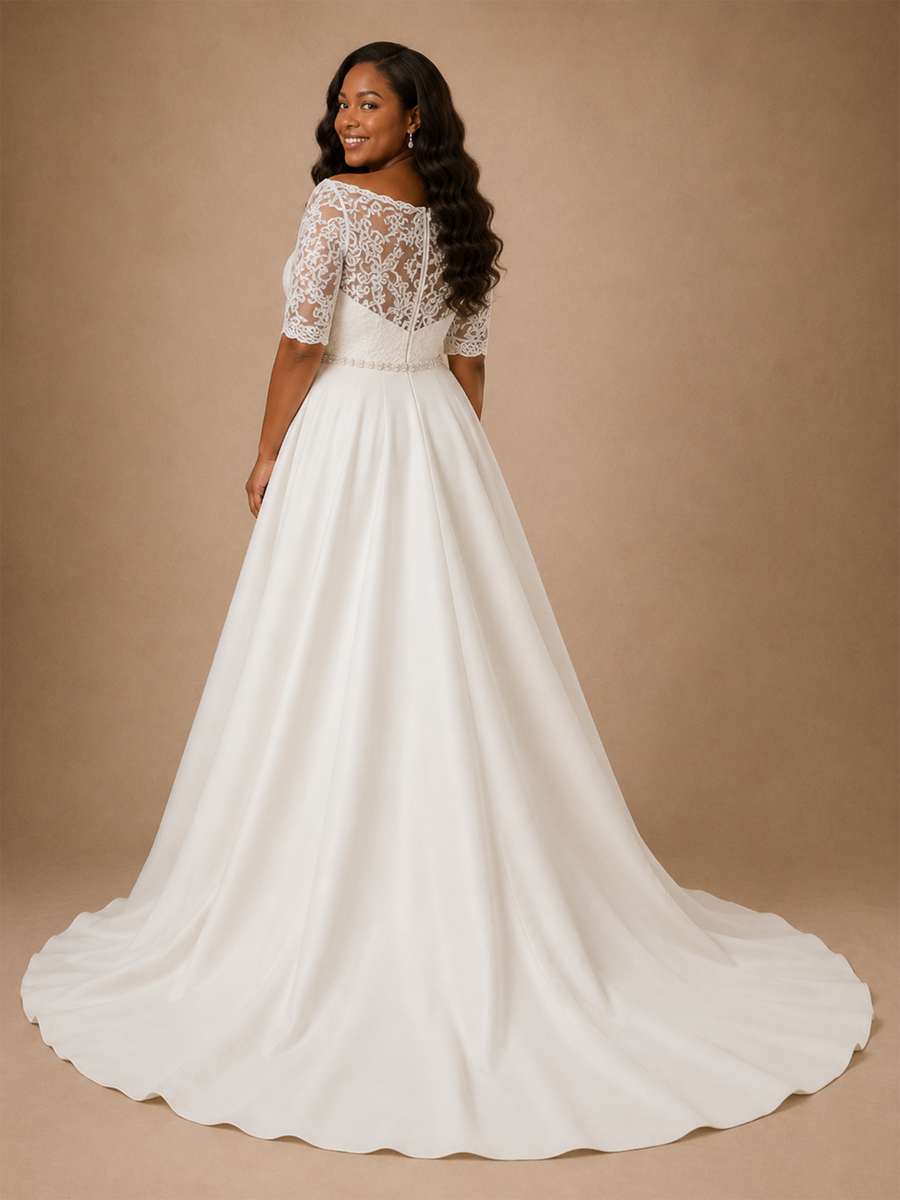 ChicSew Elegant Short Sleeves Rhinestone A-Line Lace Appliques Crepe Maxi Wedding Dress