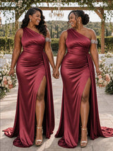 ChicSew One Shoulder Side Slit Ruching Mermaid Soft Satin Long Bridesmaid Dresses