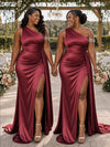 ChicSew One Shoulder Side Slit Ruching Mermaid Soft Satin Long Bridesmaid Dresses