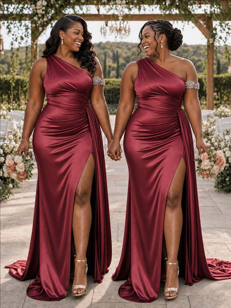 ChicSew One Shoulder Side Slit Ruching Mermaid Soft Satin Long Bridesmaid Dresses