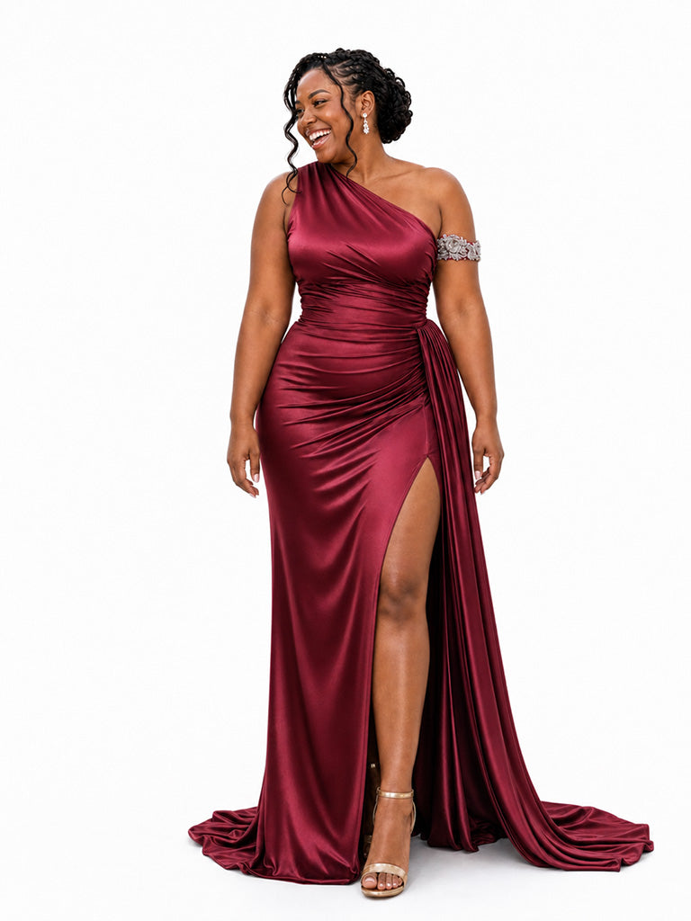 ChicSew One Shoulder Side Slit Ruching Mermaid Soft Satin Long Bridesmaid Dresses — Flatter Your Figure
