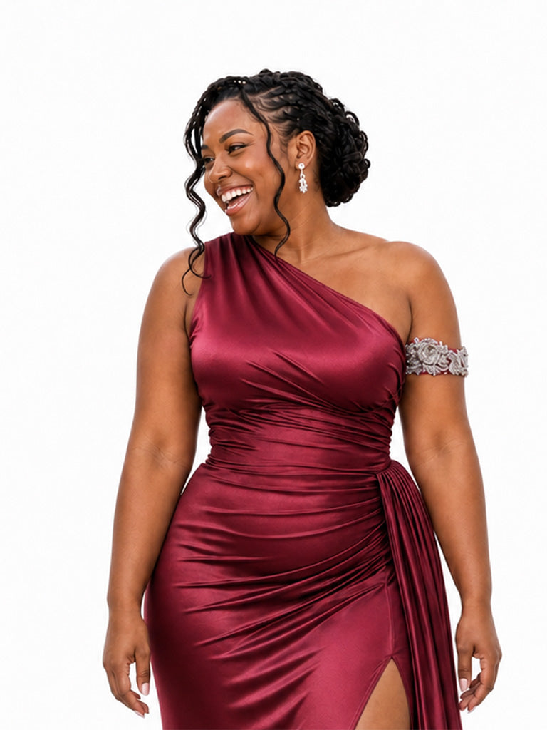 ChicSew One Shoulder Side Slit Ruching Mermaid Soft Satin Long Bridesmaid Dresses