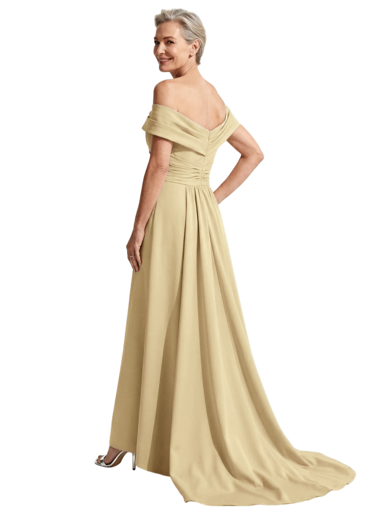 Chicsew Mother of The Bride Dress Gorgeous Off Shoulder Sleeveless Crepe High-Low Maxi Gown