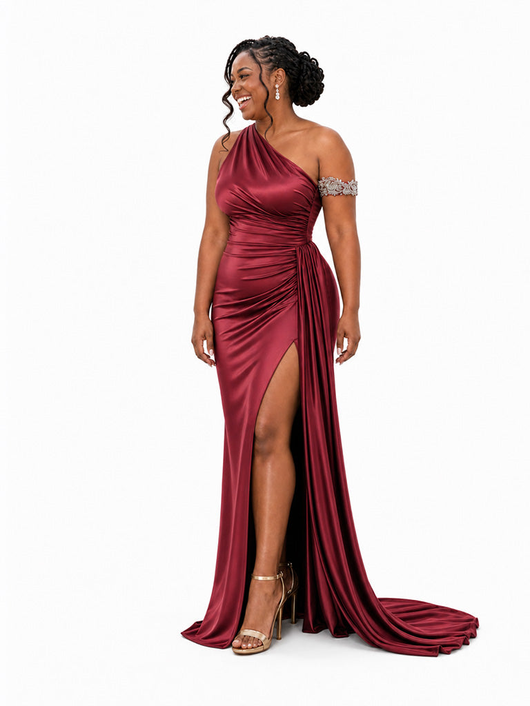 ChicSew One Shoulder Side Slit Ruching Mermaid Soft Satin Long Bridesmaid Dresses